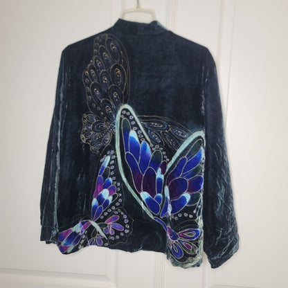 Vintage Chicos BOHO Emerald Green Butterfly Velvet Button Front Jacket 2 LARGE