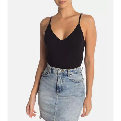 BP. NWT Cozy Ribbed Wrap Bodysuit Sleeveless V-Neck Knit Black Size SMALL