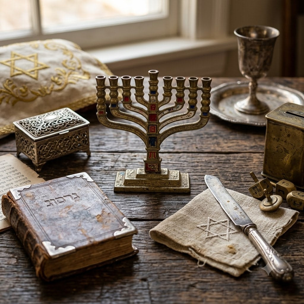 Vintage Miniature Brass Menorah Chanukiah Enamel Accents Israel 4.75"