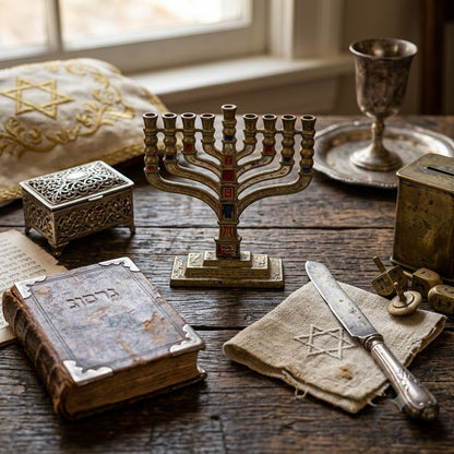 Vintage Miniature Brass Menorah Chanukiah Enamel Accents Israel 4.75"