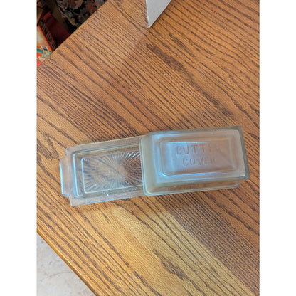 Vintage Clear Heavy Glass Embossed BUTTER SAVER Covered Dish Farmhouse Kitchen