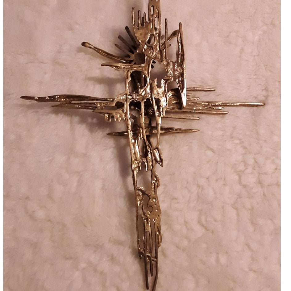 Brutalist crucifix religious wall sculpture goldtone Jesus on Cross Spain Bronze