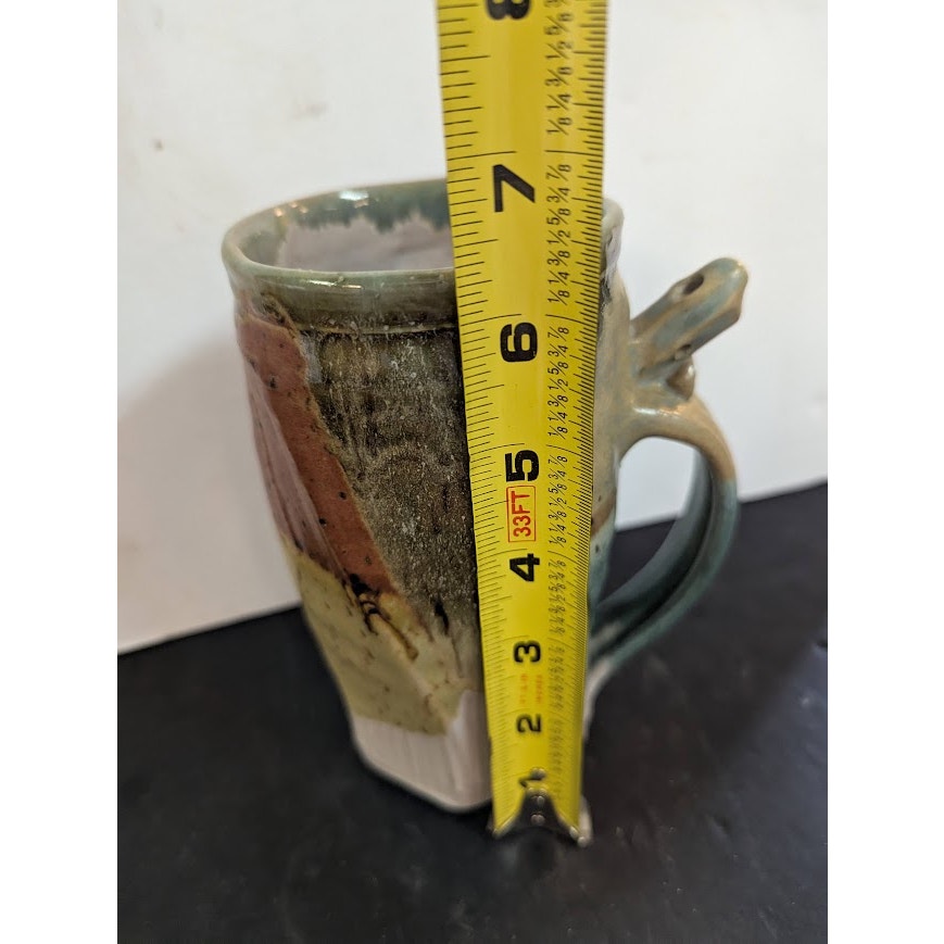 Vintage Handmade Pottery Mugs by Schmidt Green Tan Whistle Wenching Earthy Style