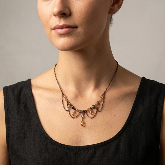 Vintage Robert Rose Bronze Tone Amber Glass Ren Faire Festoon Necklace