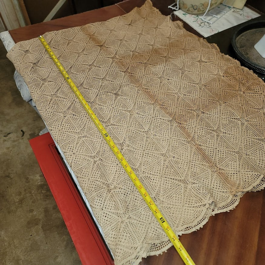 Vintage hand crocheted bedspread 80" x 60" overlay coverlet Queen / King Beige