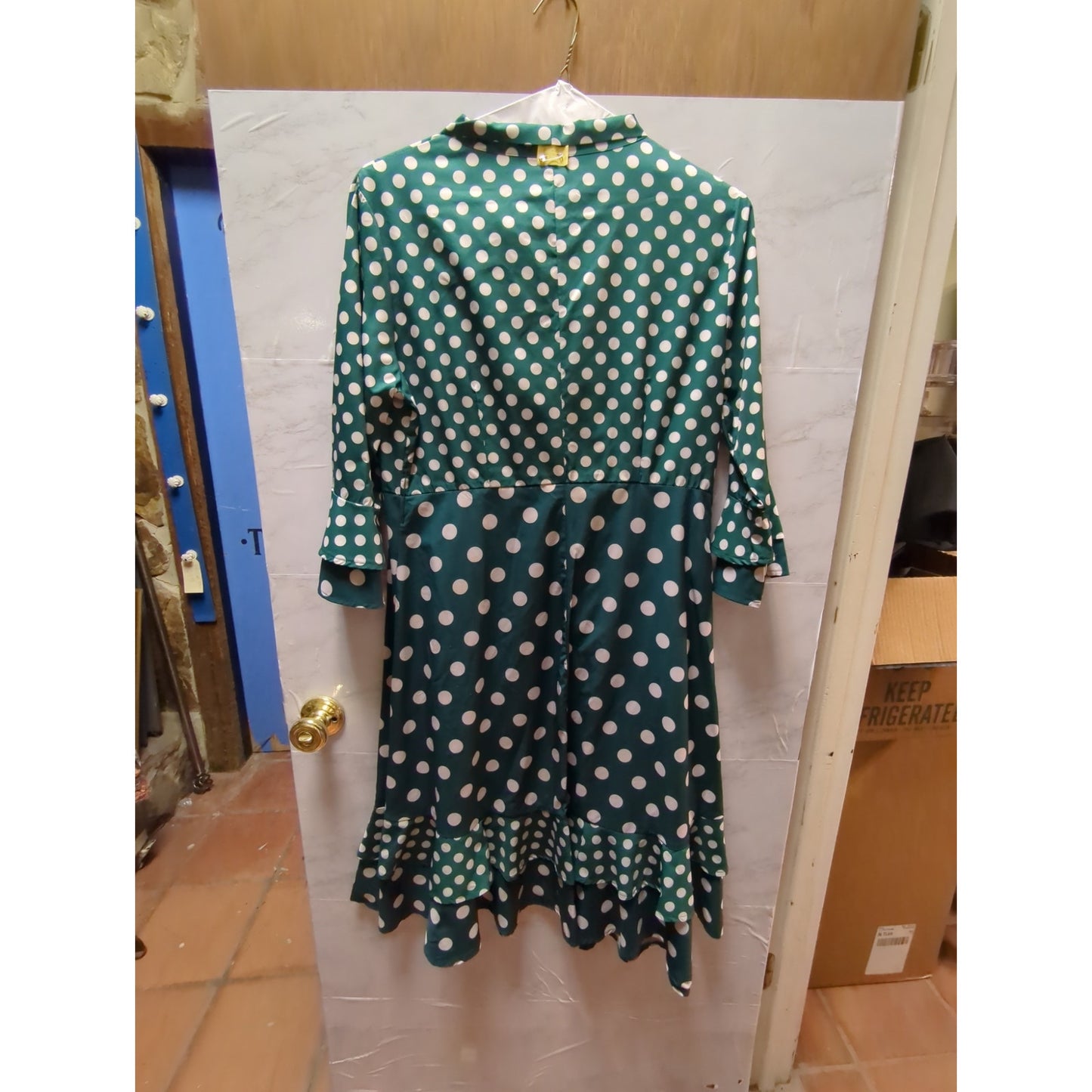 Vintage Kelly Green Polka Dot Pussy Bow Ruffle Hem Dress 16 Retro Pinup