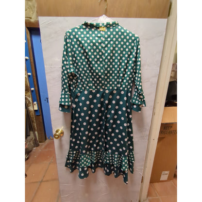 Vintage Kelly Green Polka Dot Pussy Bow Ruffle Hem Dress 16 Retro Pinup