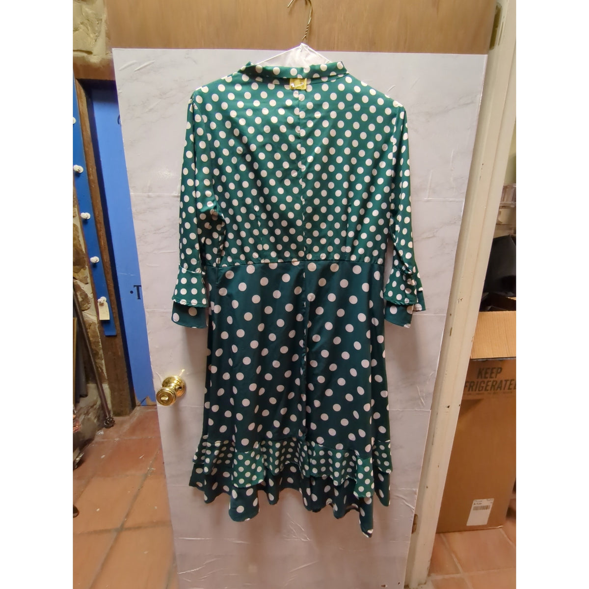 Vintage Kelly Green Polka Dot Pussy Bow Ruffle Hem Dress 16 Retro Pinup
