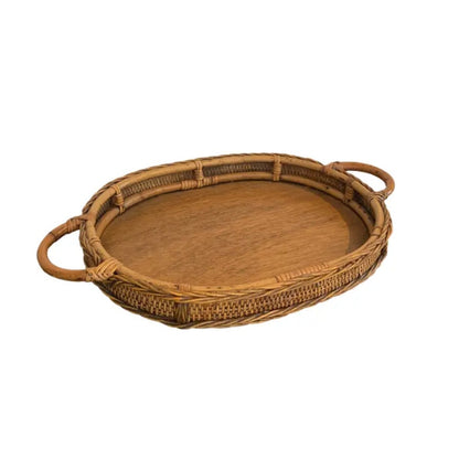 Vintage Rattan and Wicker Oval Serving Tray with Woven Trim and Handles