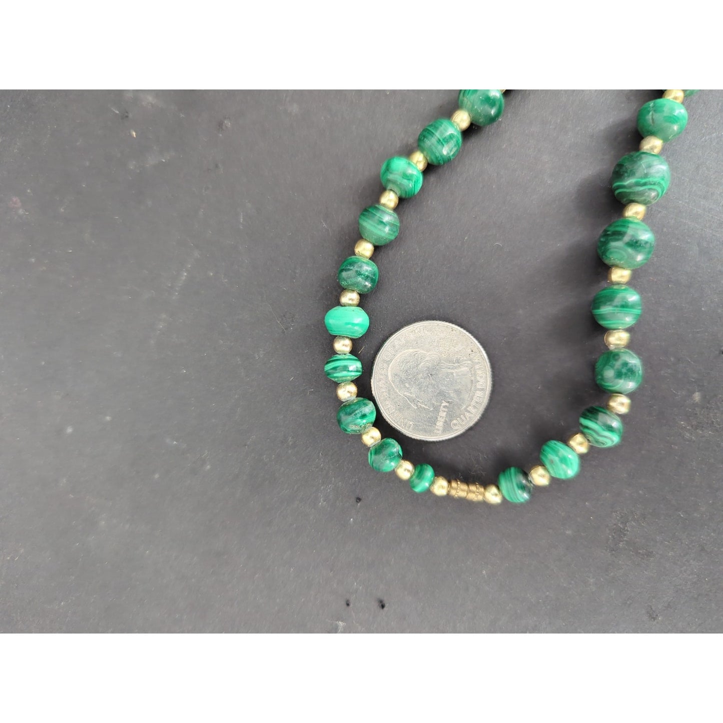 Vintage Green Malachite Style Beaded Strand Necklace Gold Accent Jewelry