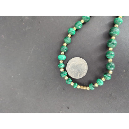 Vintage Green Malachite Style Beaded Strand Necklace Gold Accent Jewelry