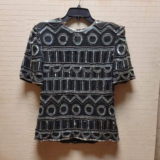 Lawrence Kazar MEDIUM Sequined Shiny Metallic Blue Geometric Blouse keyhole Top