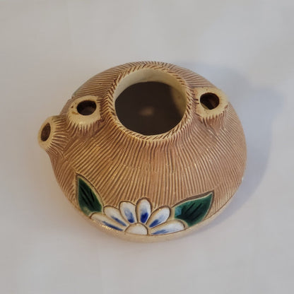 Vintage double sided Studio Pottery Mini Flower Frog Bud Vase Floral Signed 4"