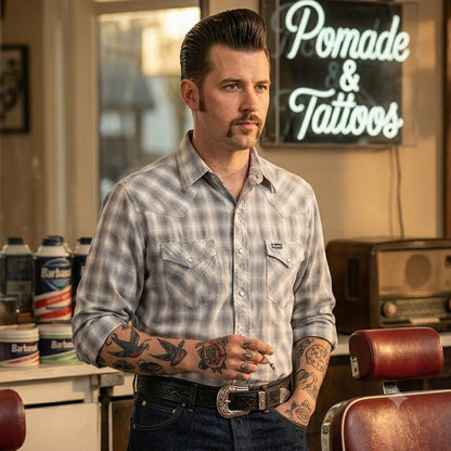 Wrangler Vintage Plaid Pearl Snap Western Shirt Gray White Cowboy Country Mens
