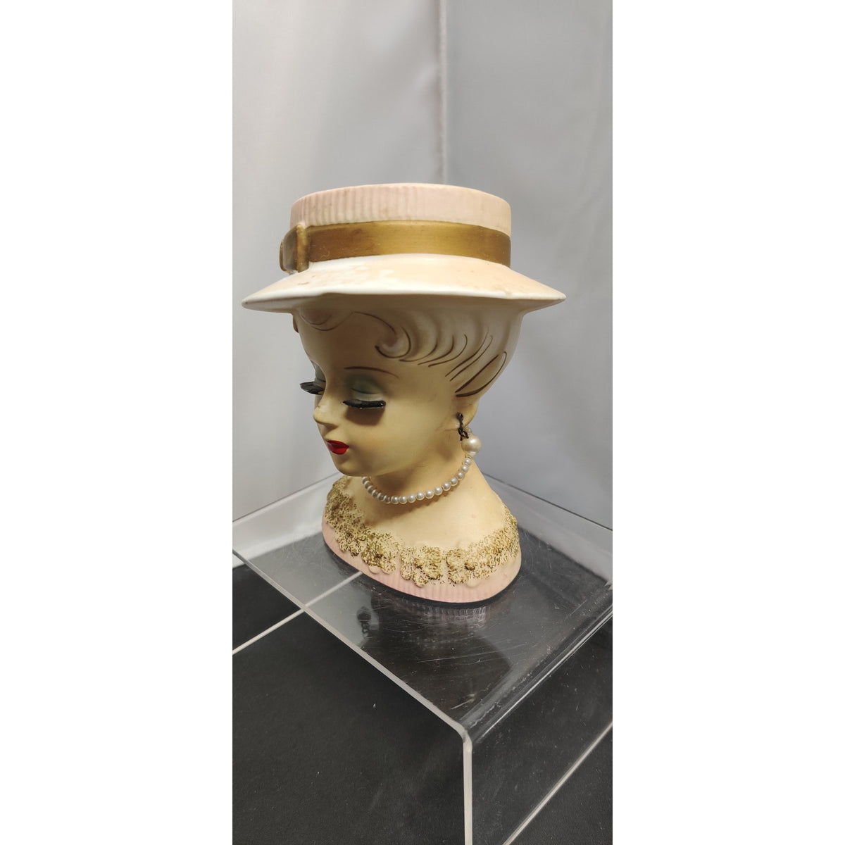 MCM Kitsch Planter Cream Hat Gold Trim Lady Headvase Retro Ceramic Decor Vase