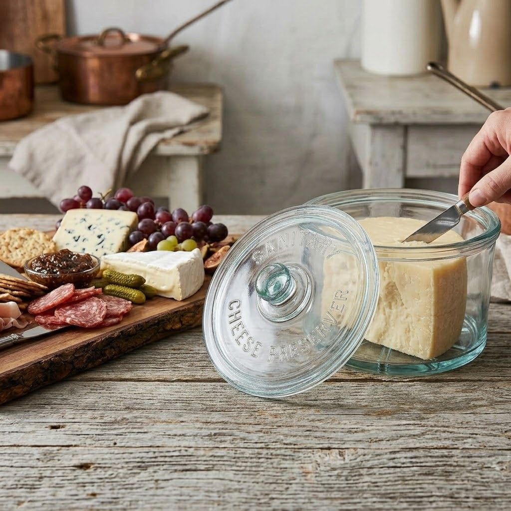 Vintage Clear Glass Round Sanitary Cheese Preserver Storage Container & Lid
