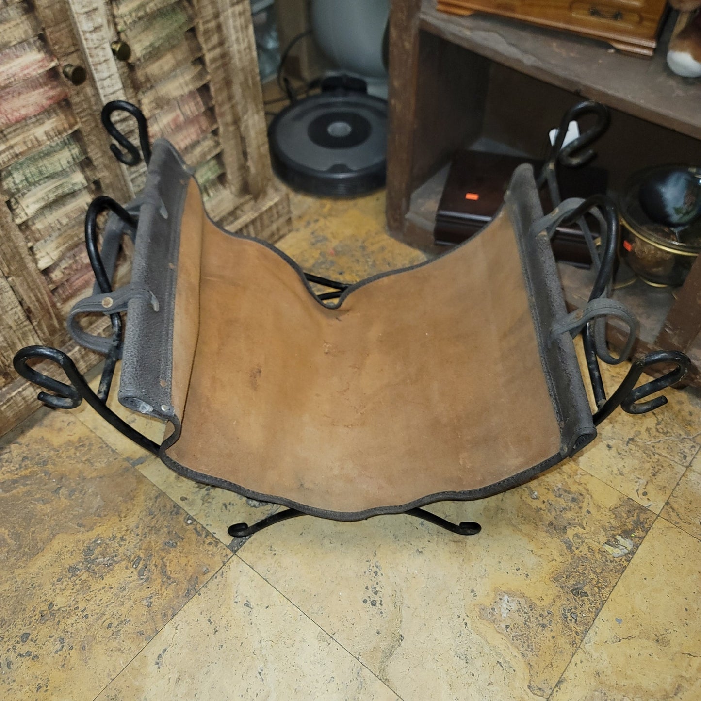 vintage black Wrought iron fireplace log holder suede leather carrier log tote