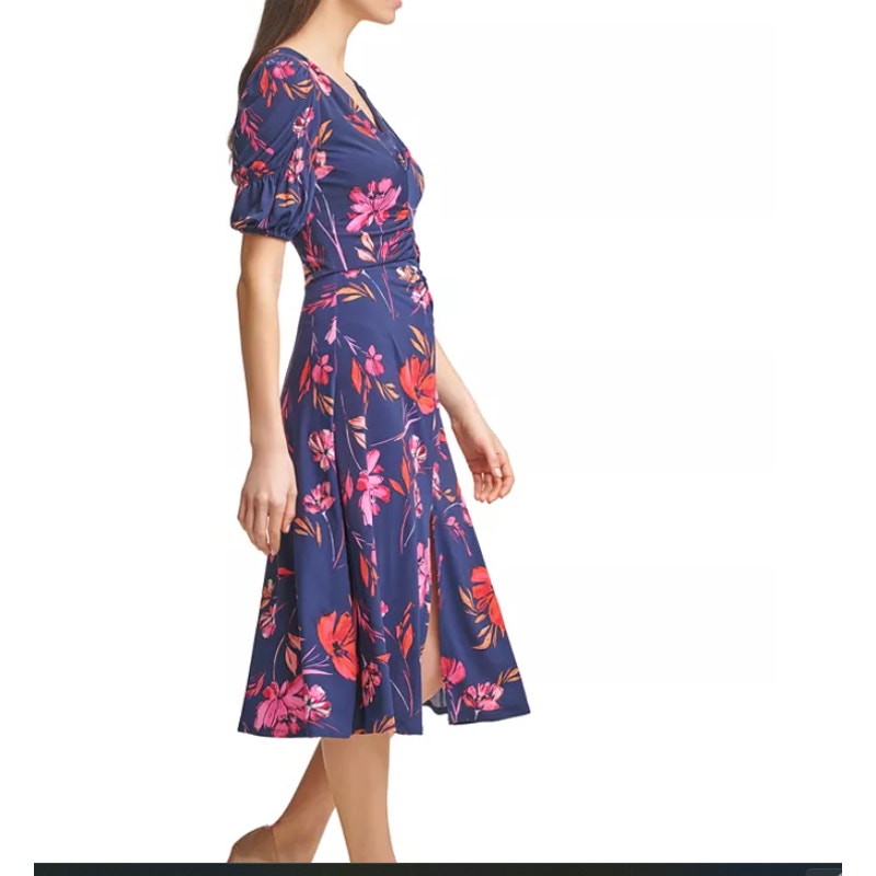 Vince Camuto Size 10 Blue Floral Dress ruched puff sleeve NEW casual career