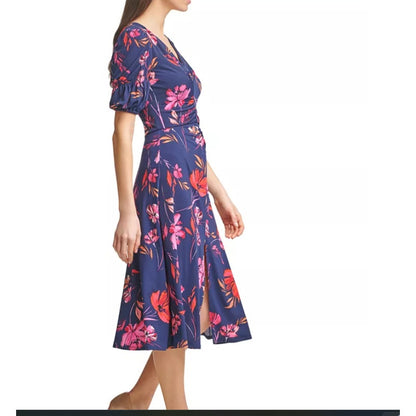 Vince Camuto Size 10 Blue Floral Dress ruched puff sleeve NEW casual career
