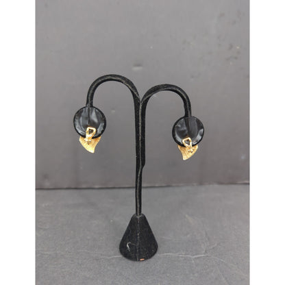 Vintage Black and Gold Tone Curved Stripe Clip On Earrings 1980s glam