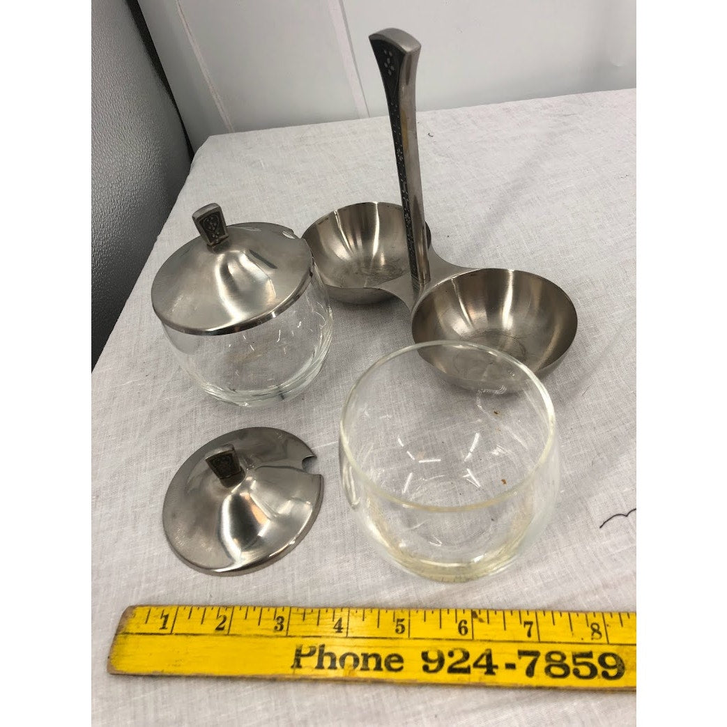 Mid Century Condiment Server Cordova Set MCM stainless steel glass mustard jelly