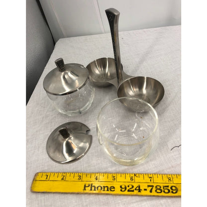 Mid Century Condiment Server Cordova Set MCM stainless steel glass mustard jelly