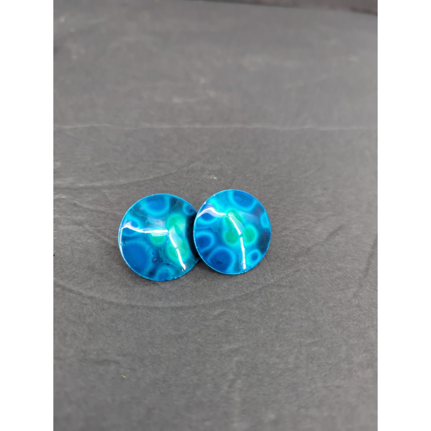 Vintage West Germany Hand Painted Enameled Metal Clip On Earrings Abstract BLUE