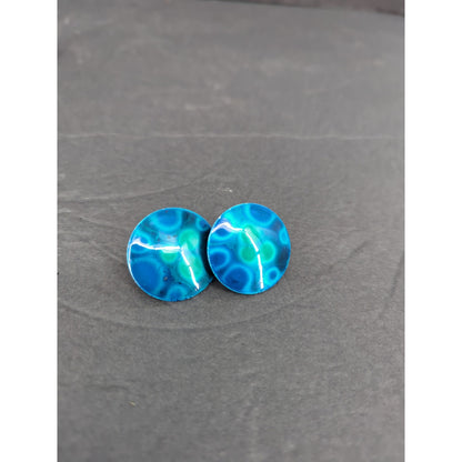 Vintage West Germany Hand Painted Enameled Metal Clip On Earrings Abstract BLUE