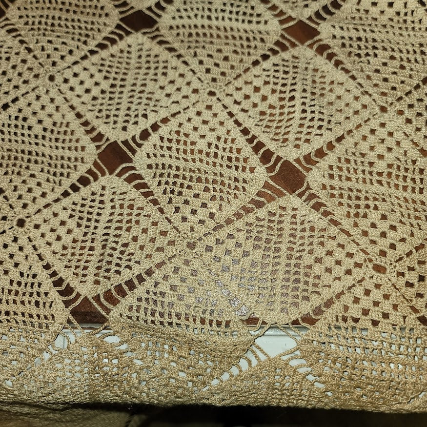 Vintage hand crocheted bedspread 80" x 60" overlay coverlet Queen / King Beige