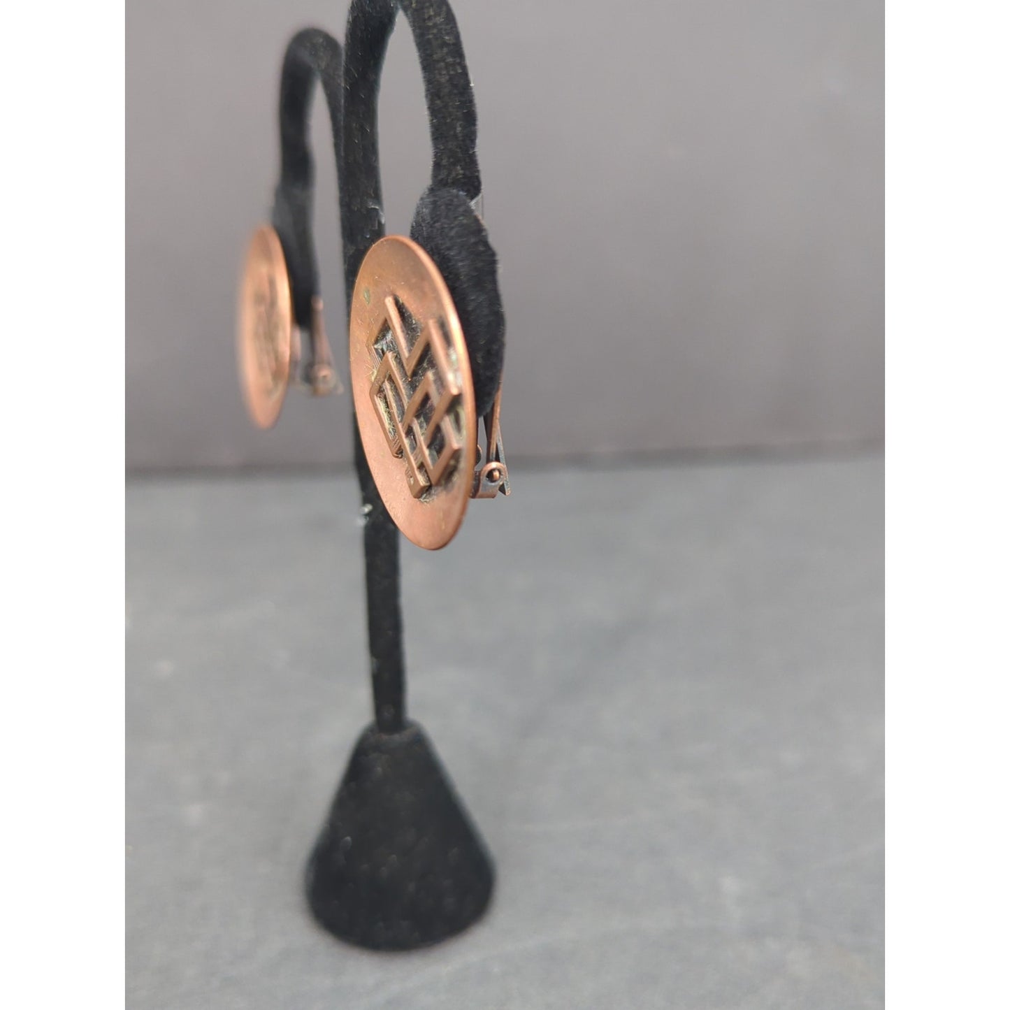 Vintage Copper Diamond Geometric Clip On Earrings Mid Century Modern