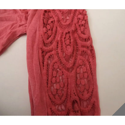 Fourteenth Place Plus Women Rose Dust Cold Shoulder Lace Trim Long Sleeve Top 2x