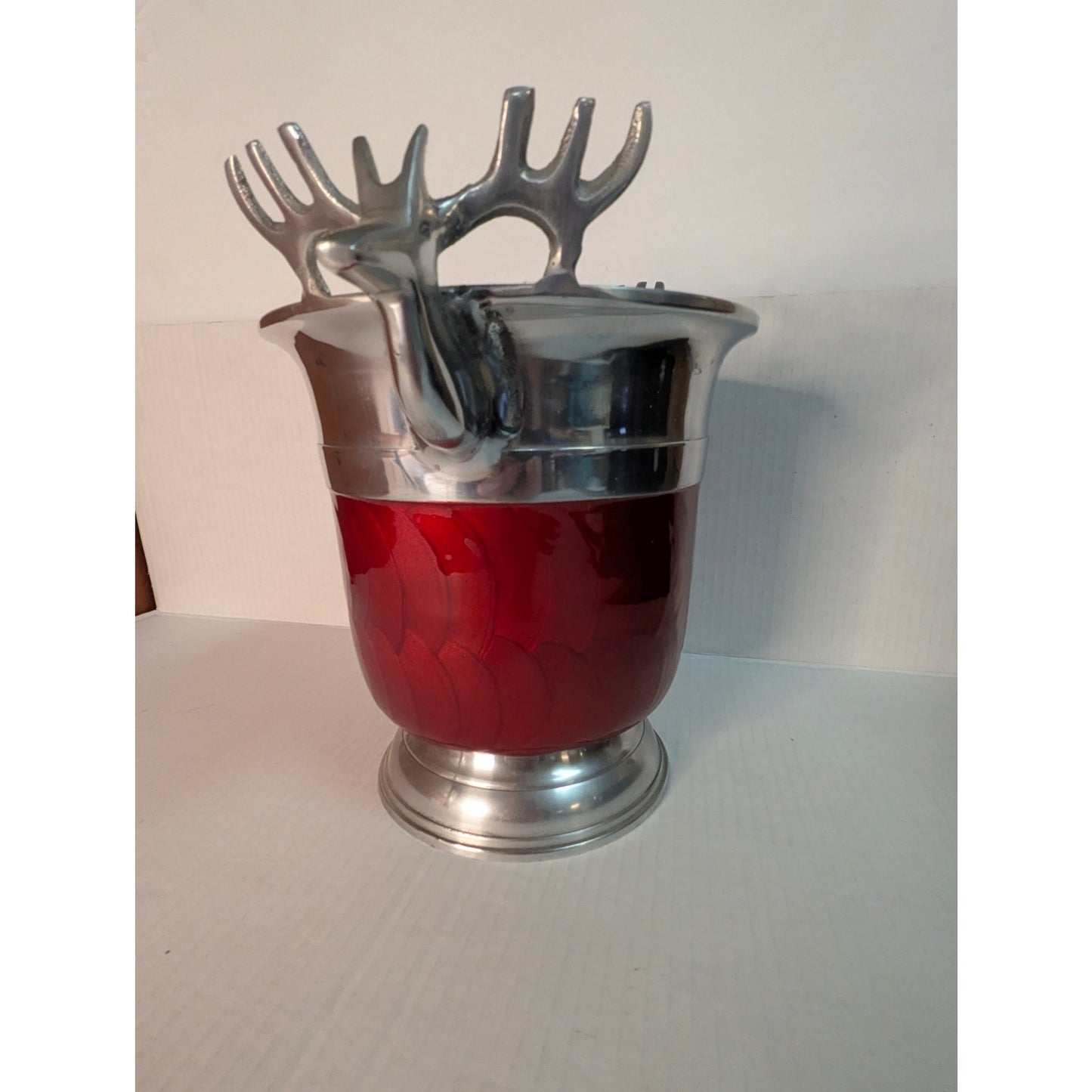Vintage Red Enamel & Silver Stag Head Ice Bucket champagne Cabin Ski lodge