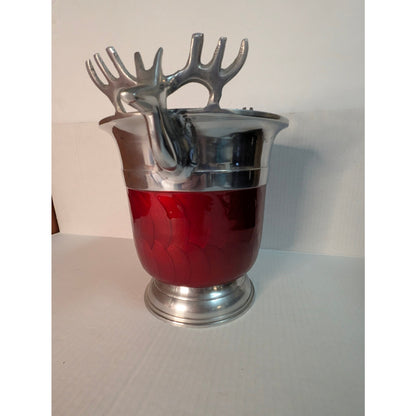 Vintage Red Enamel & Silver Stag Head Ice Bucket champagne Cabin Ski lodge