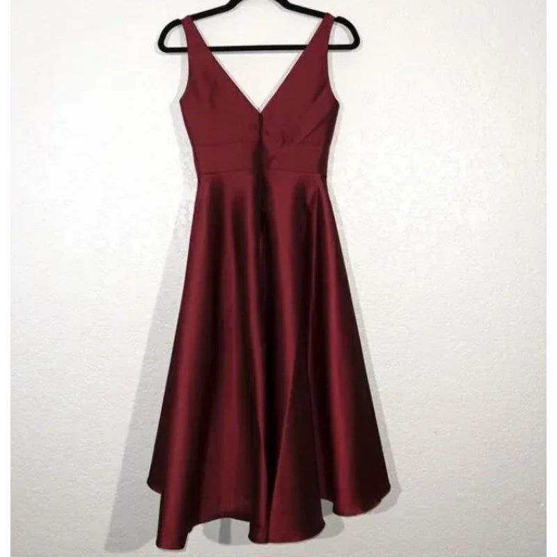 Alfred Sung Sleeveless Sateen Twill Dress Size 0 Burgundy High Low cocktail D765