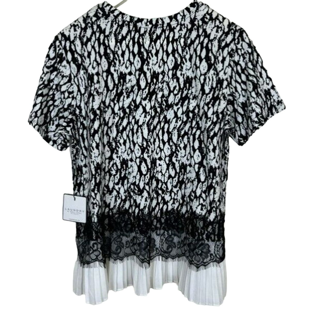 Laundry by Shelli Segal Chic Pleated Lace Trim Top Medium Black & White NWT