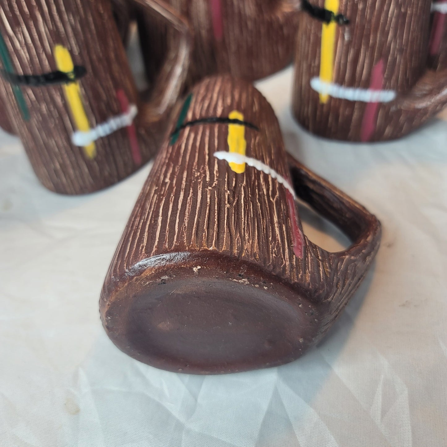 MCM textured pitcher and serving mugs cups Textured bark Brown Orange White SET
