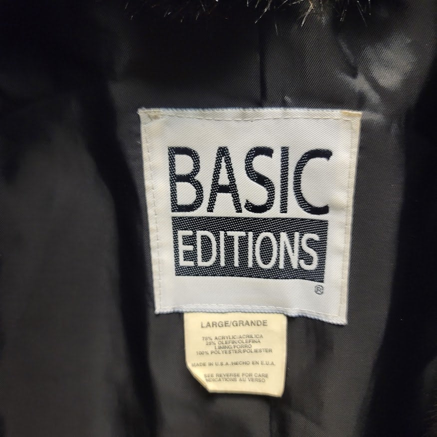 Vintage Basic Editions Faux Fur Coat Jacket Espresso LARGE Pockets 80s Collar