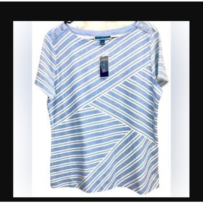Karen Scott NWT Womens Asymmetrical Stripe Light Blue Heather Shirt Petite Small