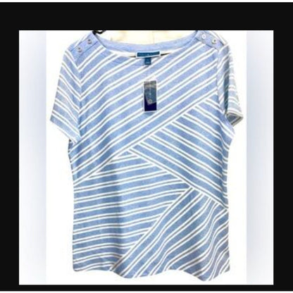 Karen Scott NWT Womens Asymmetrical Stripe Light Blue Heather Shirt Petite Small
