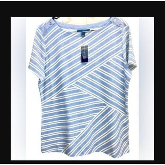Karen Scott NWT Womens Asymmetrical Stripe Light Blue Heather Shirt Petite Small