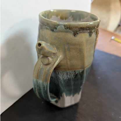 Vintage Handmade Pottery Mugs by Schmidt Green Tan Whistle Wenching Earthy Style