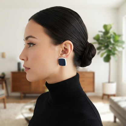 Vintage Mod Navy Blue White Square Resin Clip-On Earrings Mid Century Retro Chic