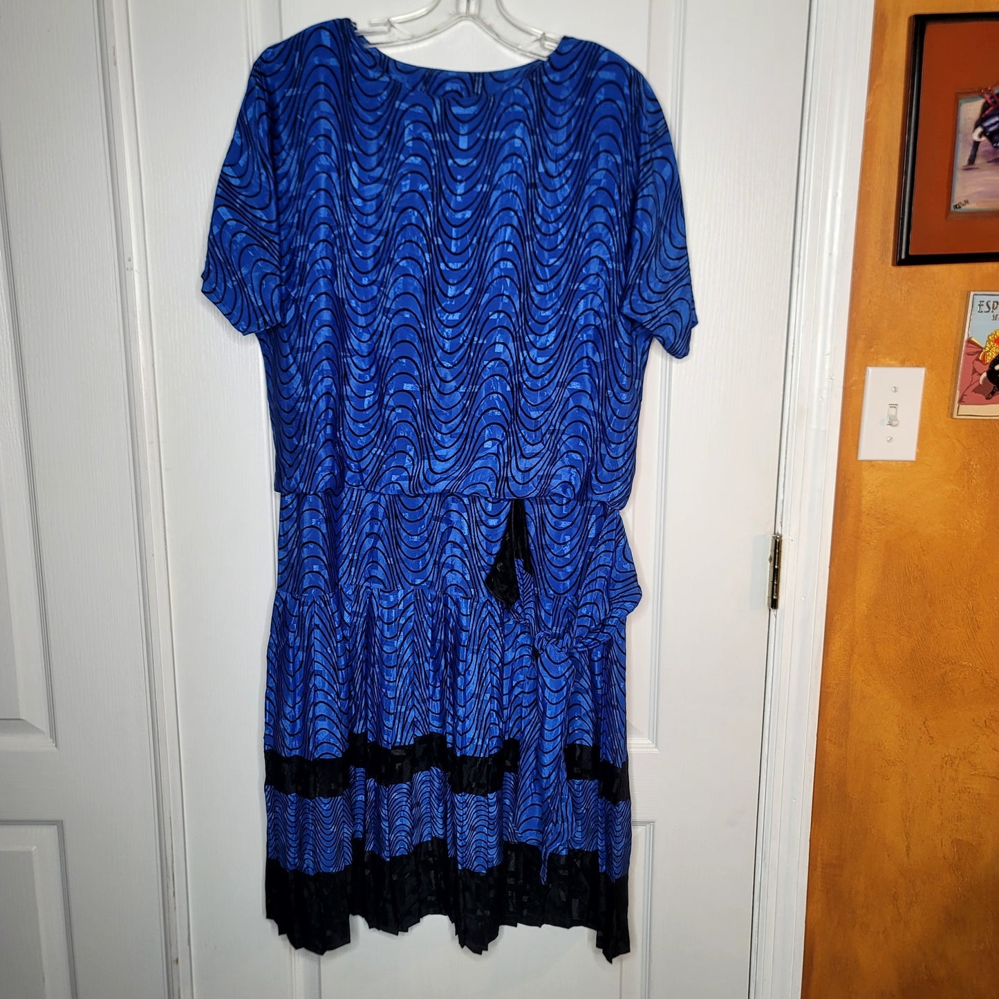 Vintage 80s blue black Shiny peplum bottom drop waist geometric Dress Large Poly