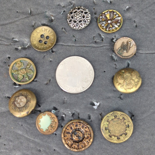 LOT W of 10 Antique Vintage Victorian Brass Mixed Materials Buttons ESTATE FIND