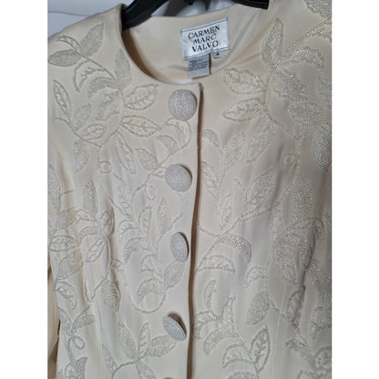 Vintage 90's Carmen Marc Valvo Size 8 SILK blazer clear glass beads leaf Cream
