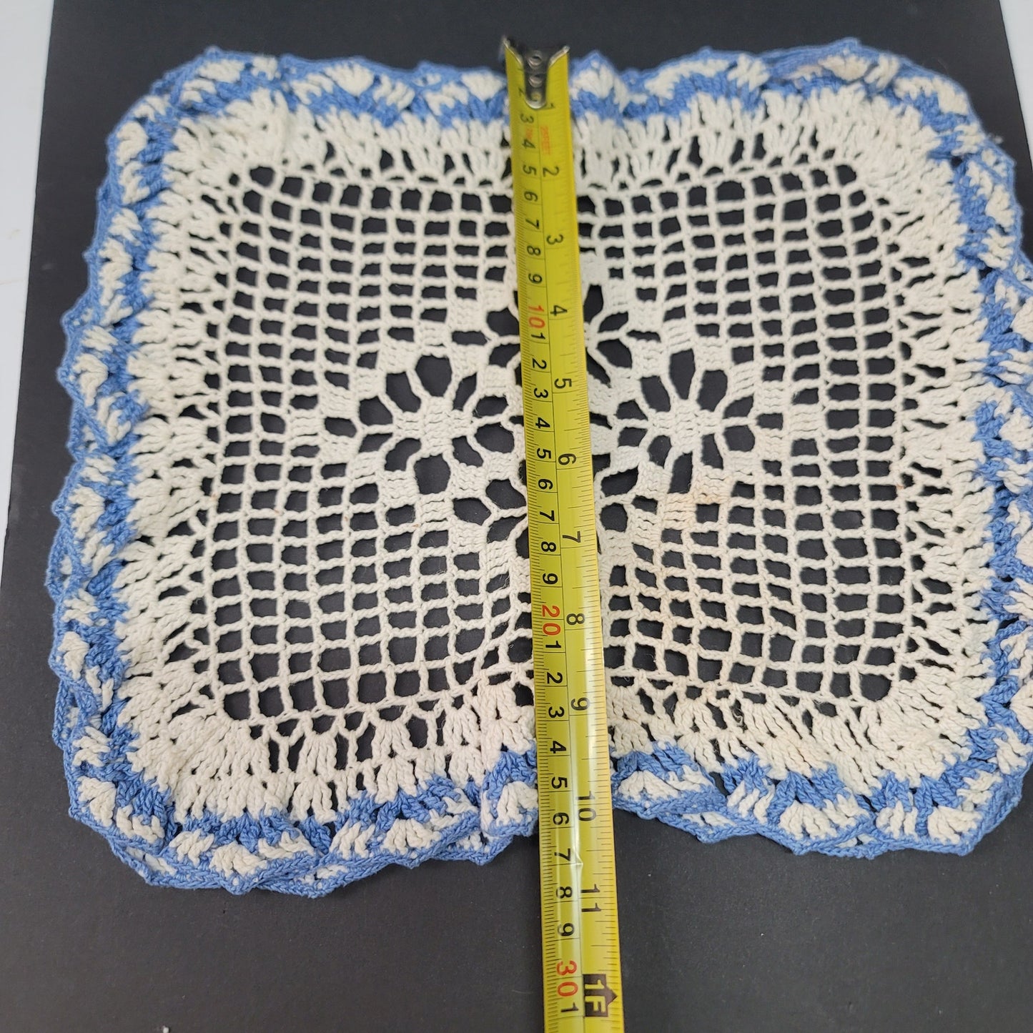 Vintage 2D raised cream and blue doily square handmade crochet