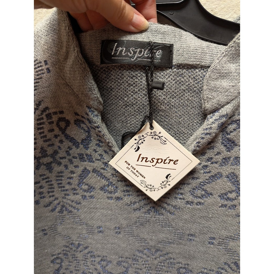 Inspire Cotton Jacquard Dress Pocket Gray Medium Long Sleeve Side Slits Tunic