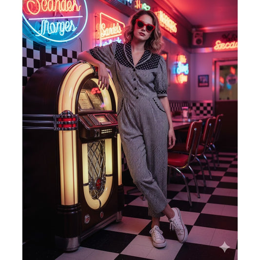 Vintage Scandels Polka Dot Gingham Jumpsuit Size 15/16 Retro MCM Fairy Core