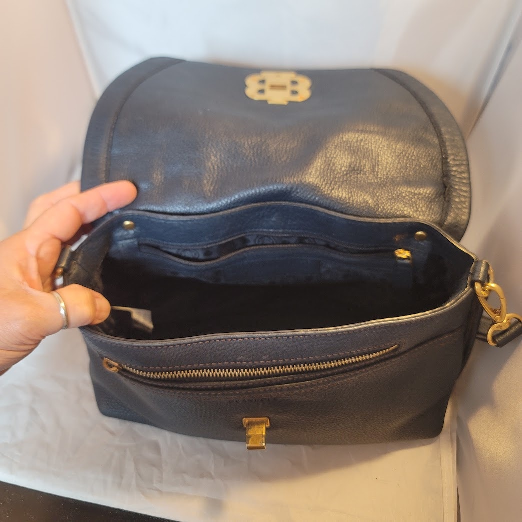 Bean Pole Top handle Shoulder Bag purse pebbled blue Leather