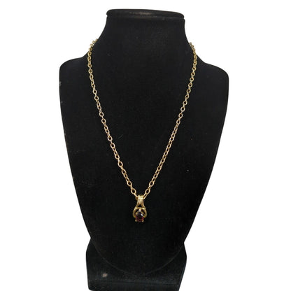 Vintage Fashion Necklace Gold-Tone Teardrop Pendant Necklace Ruby Red Stone 18"